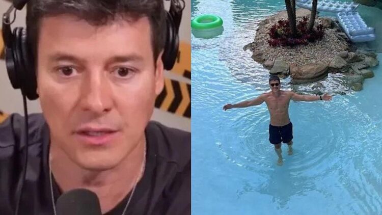 Rodrigo Faro e a piscina de sua mansão.