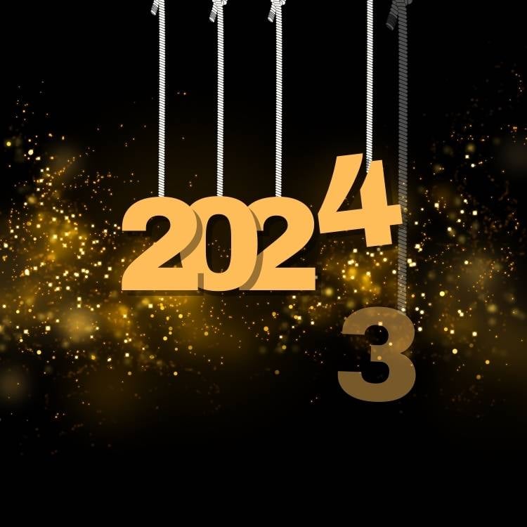 Montagem do número 4 substituindo o número 3 em "2023", em tons de preto e dourado