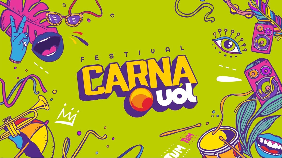Logoyipo do festival CarnaUOL 2024, em fundo verde com ilustrações coloridas que remetem ao Carnaval