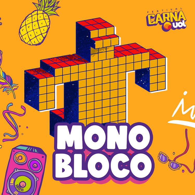 Logo do grupo MonoBloco (robô de blocos) em fundo laranja com desenhos que remetem ao Carnaval como caixa de som, abacaxi, óculos de sol