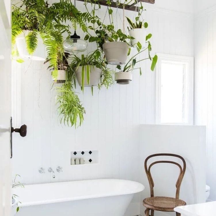 um banheiro com o chão preto e brnaco, uma banheira, uma cadeira e plantas penduradas em uma escada no teto