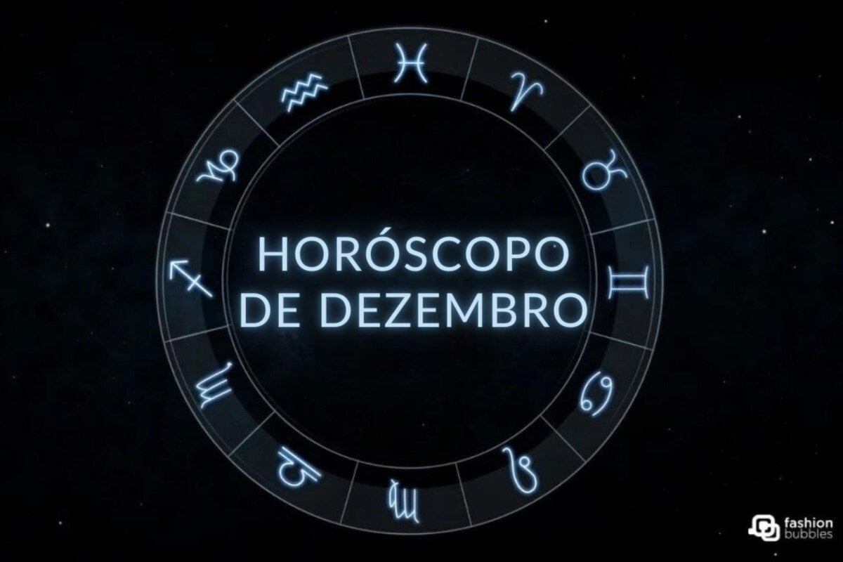 Ilustração de uma mandala astrológica com o texto "Horóscopo de Dezembro" no meio