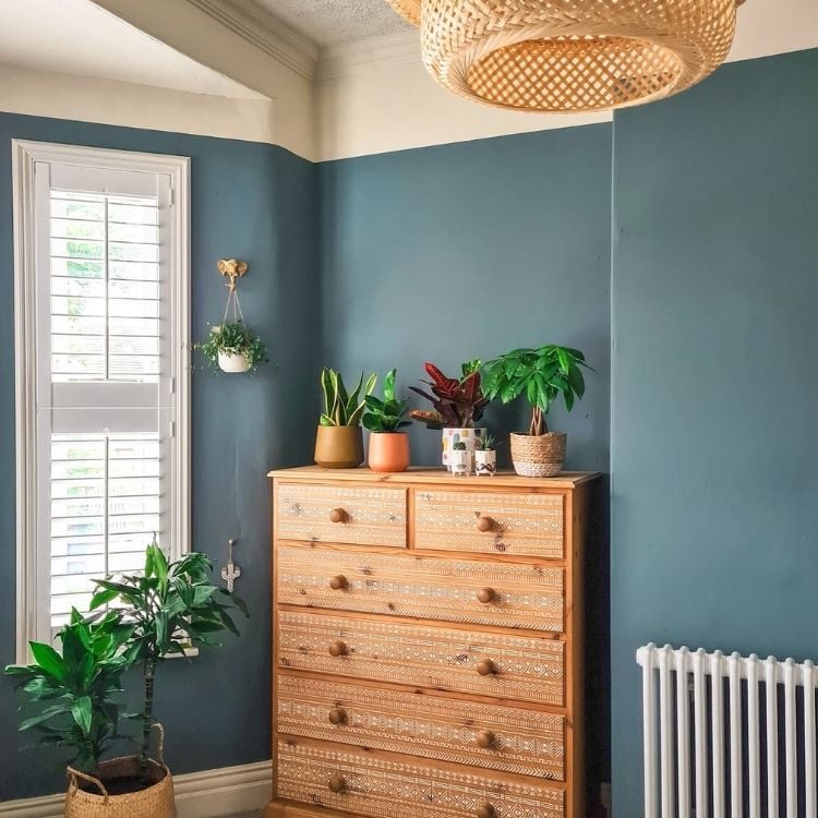 uma cômoda com vasos de planta como decoração em uma parede azul