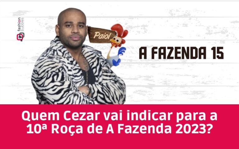 Foto de Cezar Black, com fundo branco, com frase "A Fazenda 15" ao lado direito. Abaixo, retângulo vermelho indicando a 10ª Roça de A Fazenda 2023