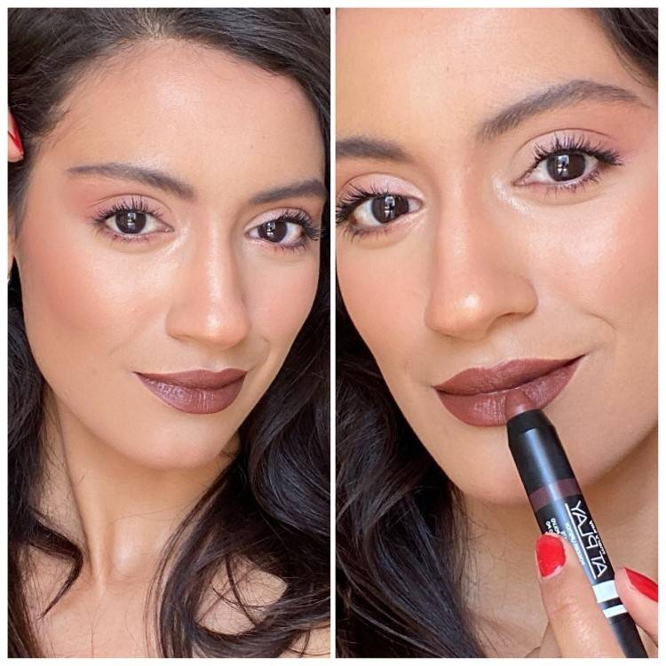 Duas fotos de diferentes ângulos da mesma mulher de pele clara com maquiagem leve e batom marrom matte.