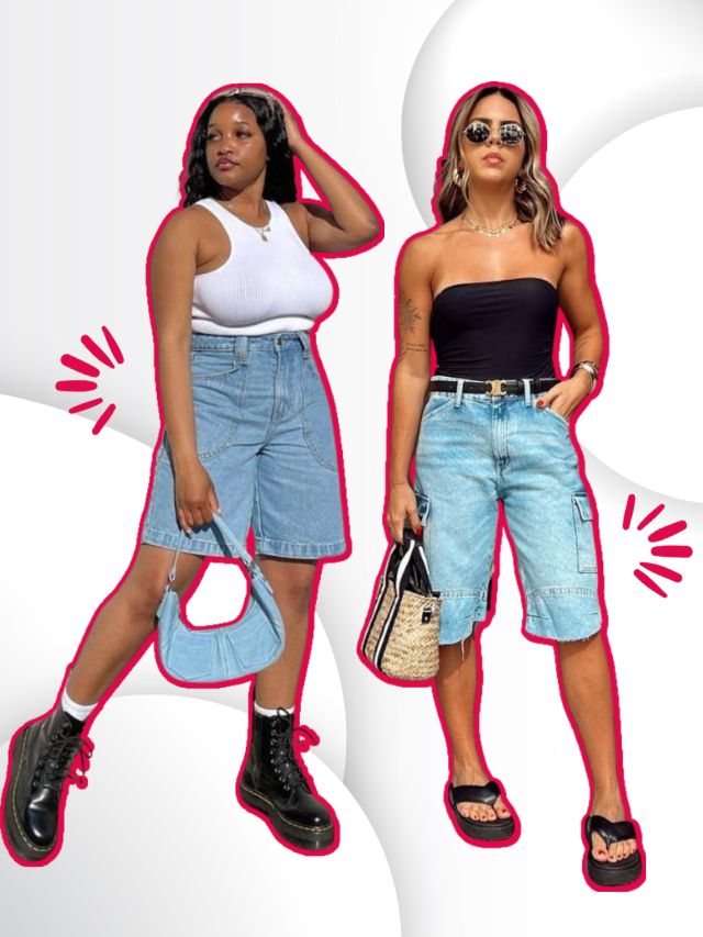 fundo branco com foto de duas mulheres usando look com jorts, a bermuda jeans que é tendência no verão 2024