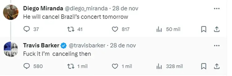 Print do X (Twitter) com comentários de Travis Barker, do Blink-182, e do  Diego Miranda, integrante da banda Scracho