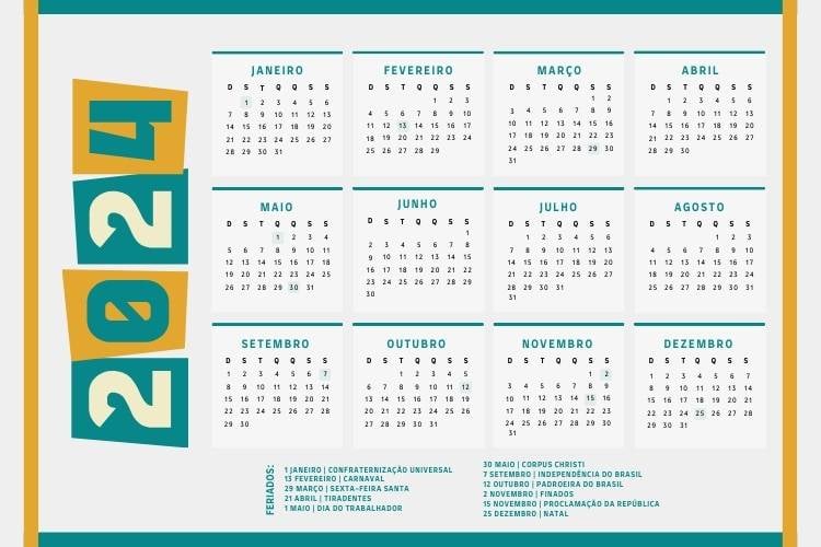 Calendário de 2024 com feriados nas cores verde, cinza a amarelo
