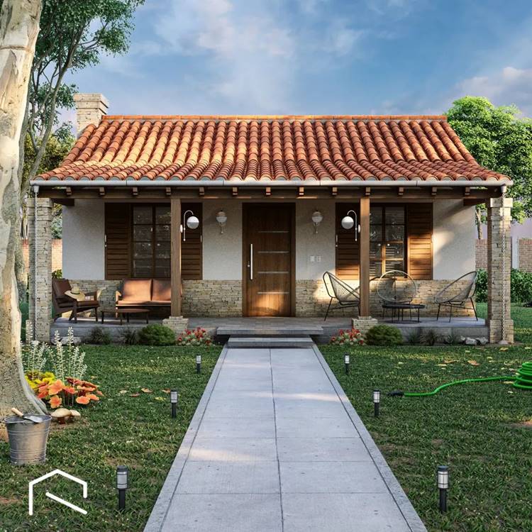 Imagem de fachada de casa simples, com gramado, caminho em cimento com luminárias. No alpendre da casa há cadeiras e estofados