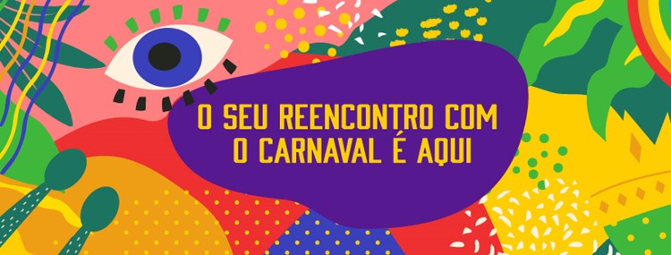 Frase "O seu reencontro com o Carnaval é aqui" escrita em fundo colorido com olho grego