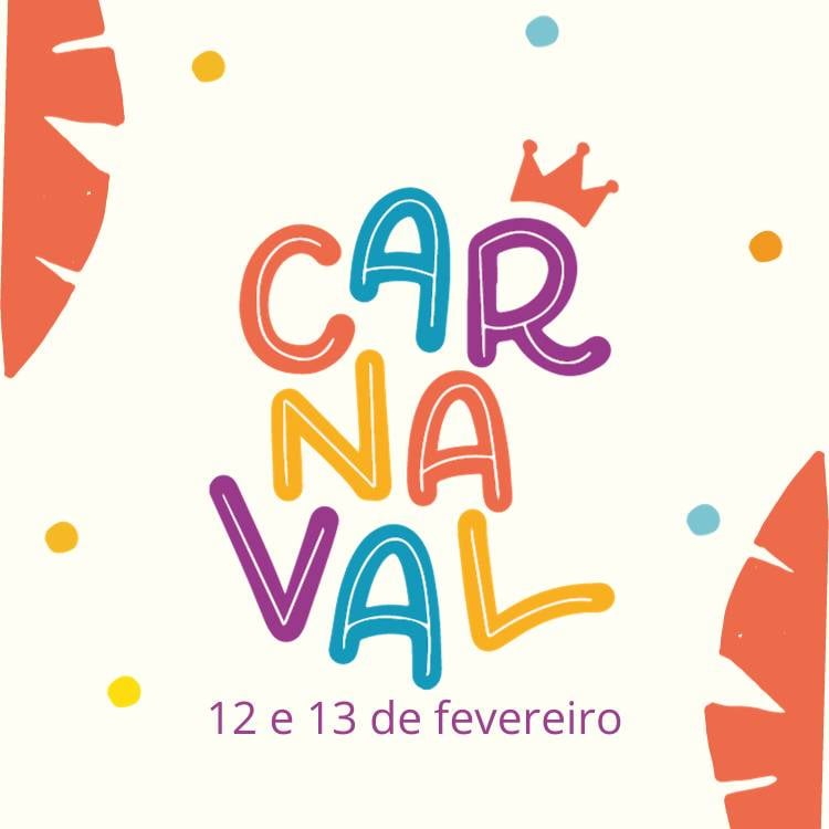 Ilustração sobre o feriado de carnaval com confetes e escrito "Carnaval 12 e 13 de fevereiro, em tons de azul, roxo, laranja e vermelho