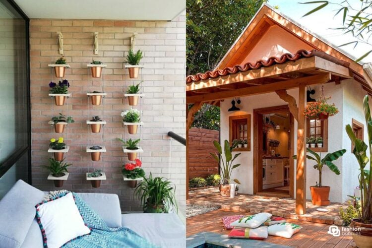 Montagem de 2 fotos de fachadas de casa simples. Uma com decoração com plantas em vasos pequenos pendurados na parede e outra de um chalé com plantas em vasos