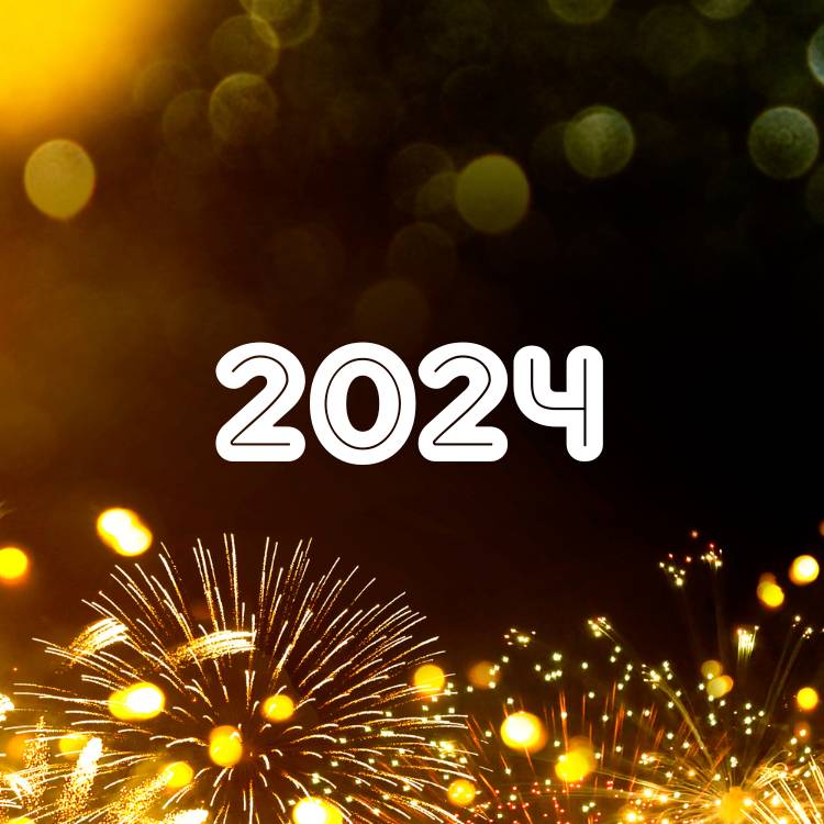 Montagem de fogos de artifício na cor dourada com "2024" ao centro.