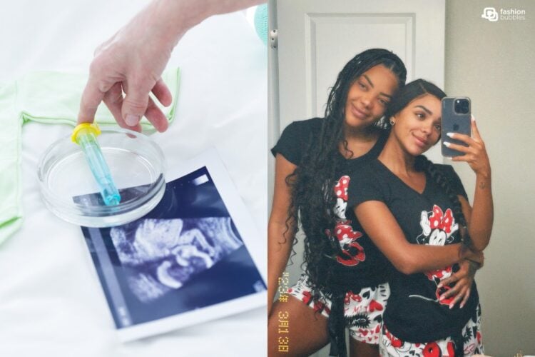 Montagem de duas fotos, uma de seringa e ultrassom de bebê FIV, e outra de Ludmilla e Brunna Gonçalves abraçadas em foto no espelho