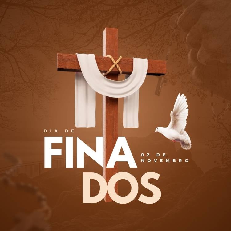 Ilustração de cruz com Espírito Santo com os dizeres "Dia de Finados 02 de novembro" - feriados em 2024.