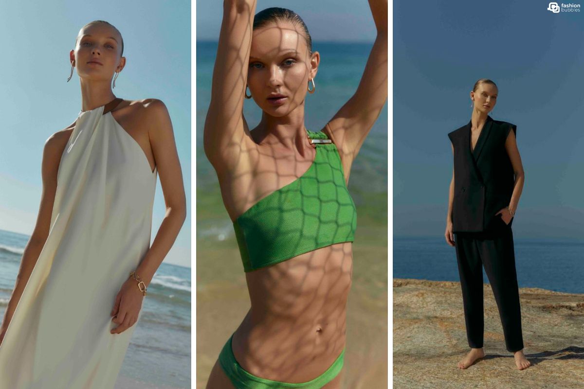 Montagem de três fotos presentes na matéria, em que a modelo Yana Trufanova usa um vestido off white, na foto do meio usa um conjunto de biquíni verde e na última usa um conjunto preto de alfaiataria.