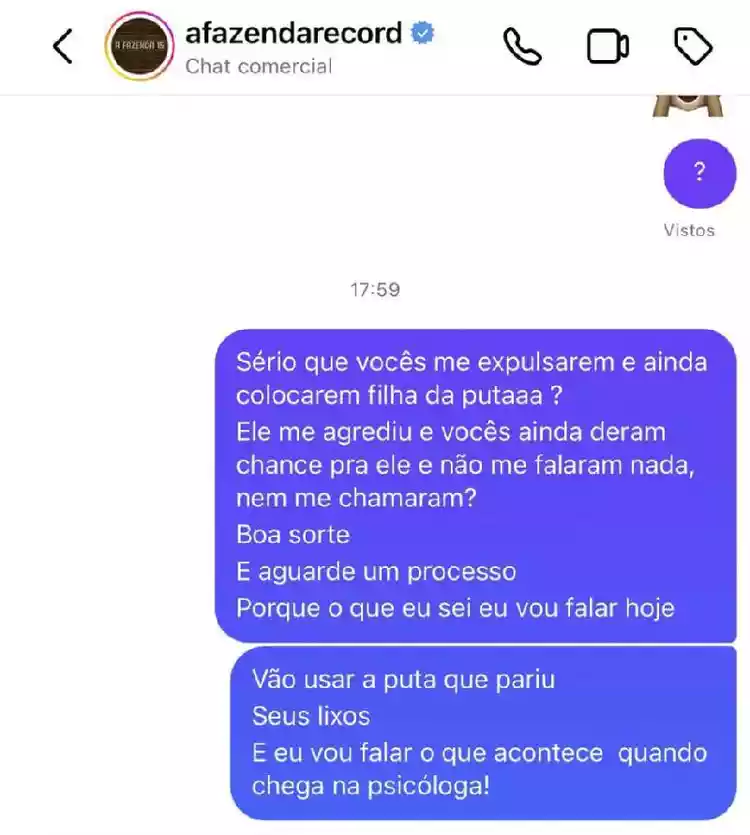 Mensagem que Tiago Ramos enviou para o perfil oficial de A Fazenda 15