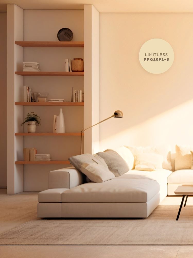 Sala pintada com Limitless, com sofá bege recebendo luz natural e estante com decorações 
