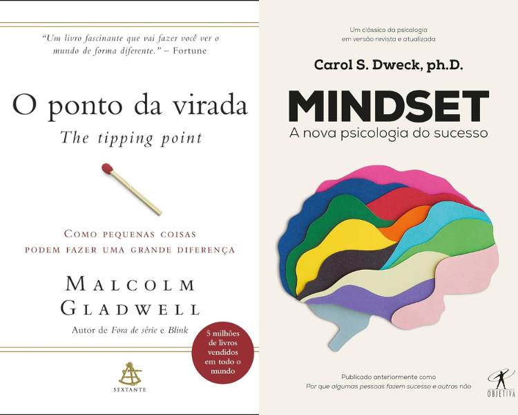 Montagem com fotos das capas dos livros "O Ponto da Virada" de Malcolm Gladwell e "Mindset: A Nova Psicologia do Sucesso" de Carol S. Dweck.