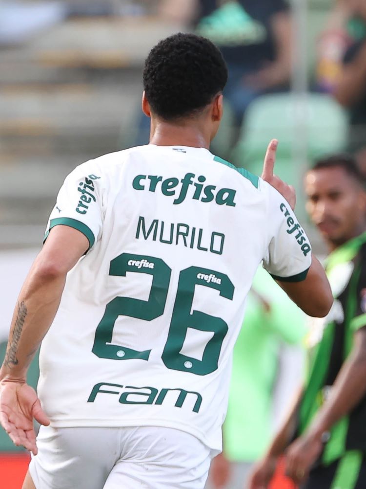 Zagueiro palmeirense Murilo comemorando gol em frente ao atacante do América Paulinho Boia, que está desfocado na foto.