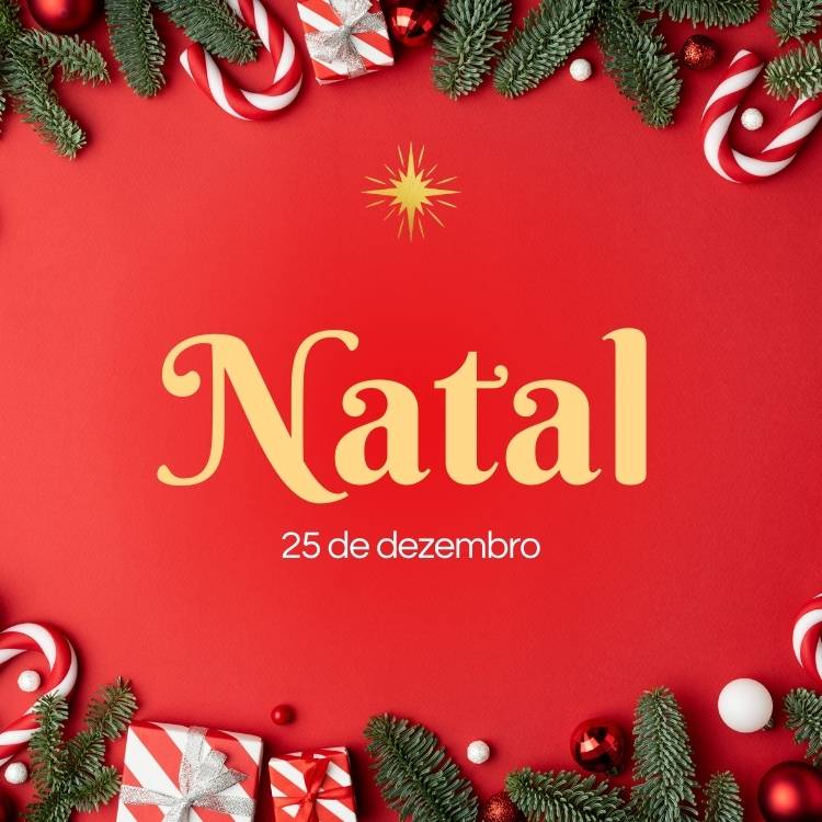 Montagem de fundo vermelho com itens natalinos nas pontas, como árvore e bengala doce. Ao centro, há "Natal" em dourado e "25 de dezembro" em branco - feriados em 2024.