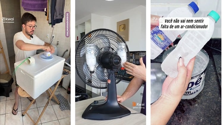 Montagem com print de 3 vídeos de pessoas ensinando a fazer ar condicionado caseiro no Kwai