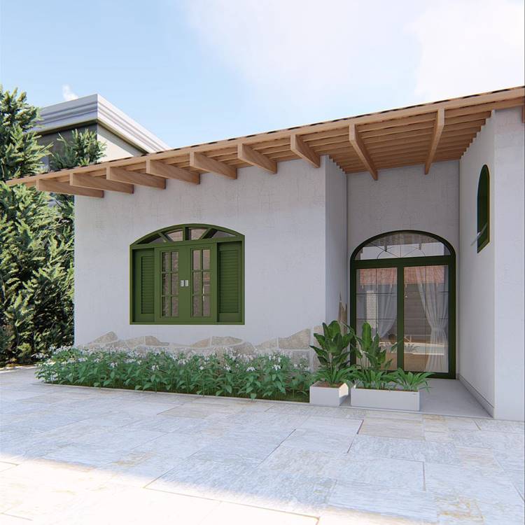 Projeto 3D de fachada de casa simples, com janelas e portas verdes, jardim de plantas e vasos. Chão de pedra