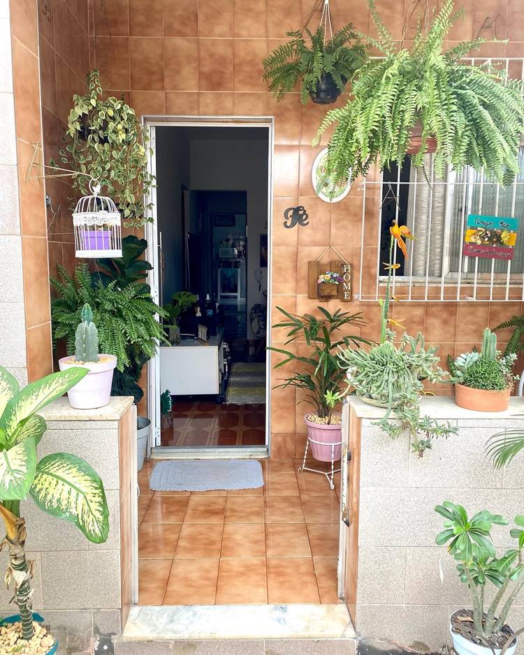 entrada de lar humilde. Casinha pequena de azulejo marrom com diversas plantas, como jiboia, samambaia, cactos, em vasos decorando