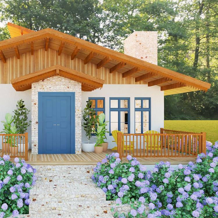 Projeto 3D de entrada de lar, com portas e janelas azuis, caminho de pedras e planta Hortência, cadeiras amarelas no alpendre e outras plantas em vaso