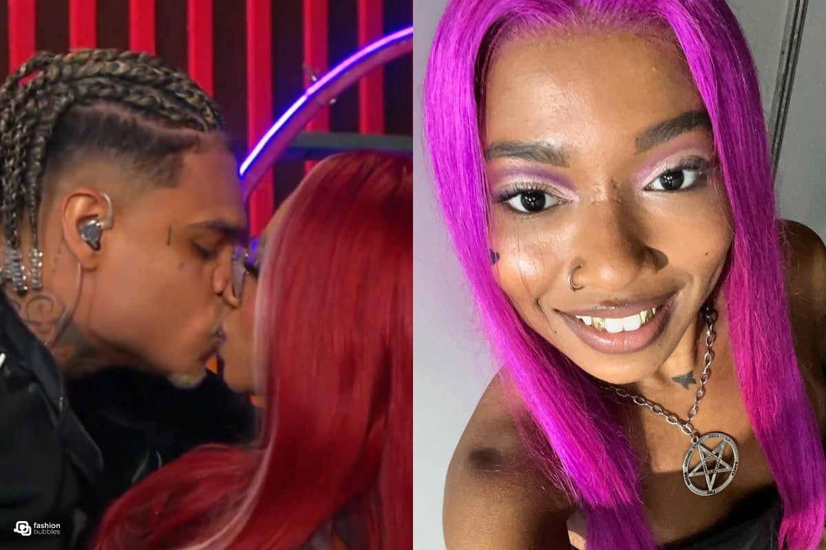 Montagem com duas fotos, 1 de MC Cabelinho e Slipmami se beijando no Multishow ao vivo, e outra selfie de SlipMami com cabelo rosa