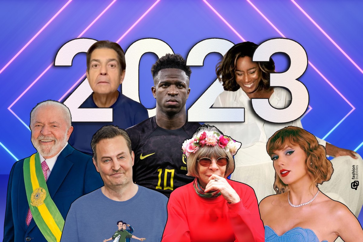 Montagem com foto de Lula, Faustão, Matthew Perry, Vinícius Júniors, Glória Maria, Rita Lee e Taylor Swift em fundo roxo com listras pink neon. No meio 2023 branco