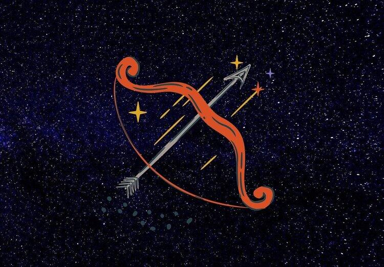 Ilustração colorida do símbolo do signo de Sagitário em um fundo de céu estrelado