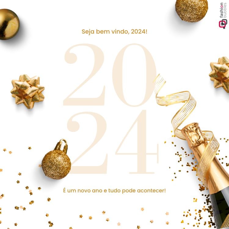 cartão de feliz 2024 com foto de laços dourados e garrafa de champanhe