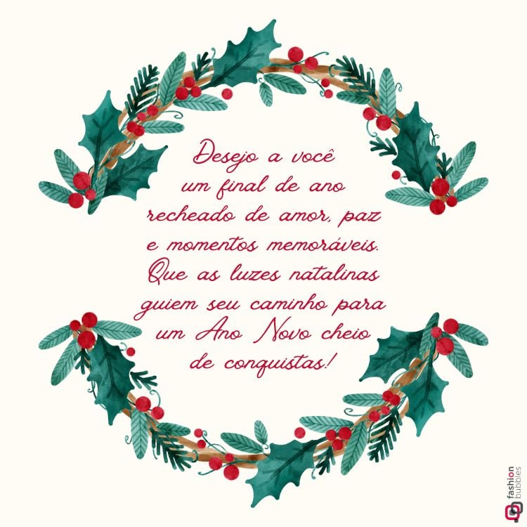 cartão virtual com uma das melhores mensagens de Natal em fundo bege com desenho de guirlanda verde e vermelha