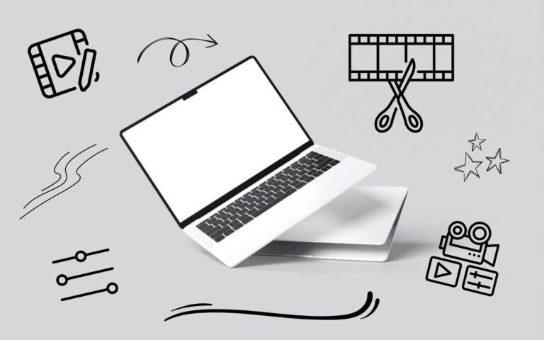 fundo cinza com notebook aberto e símbolos de edição de vídeo do Wondershare Filmora em volta