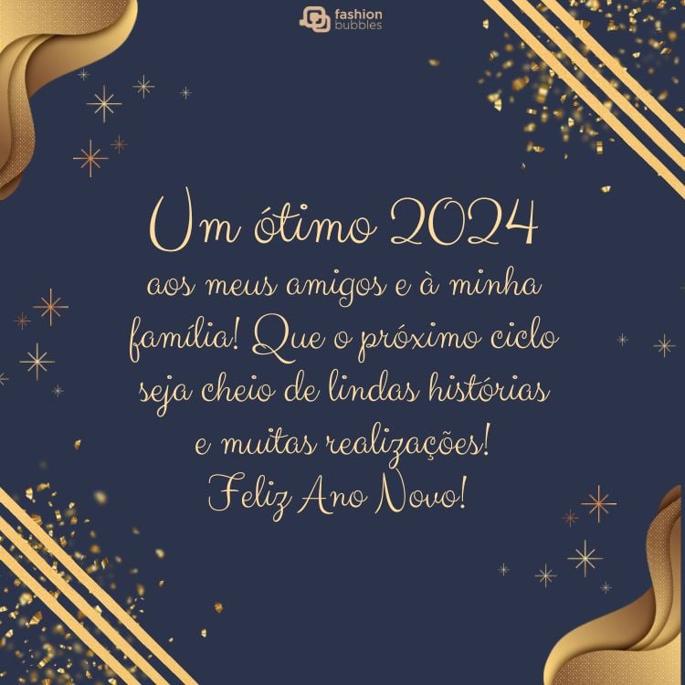 fundo azul com desenhos dourados e mensagem de feliz ano novo 2024