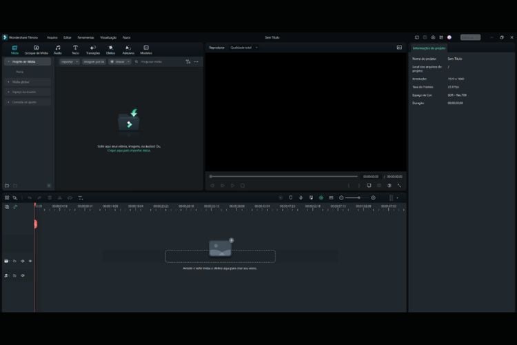 print de tela do Wondershare Filmora, ferramenta de edição de vídeos