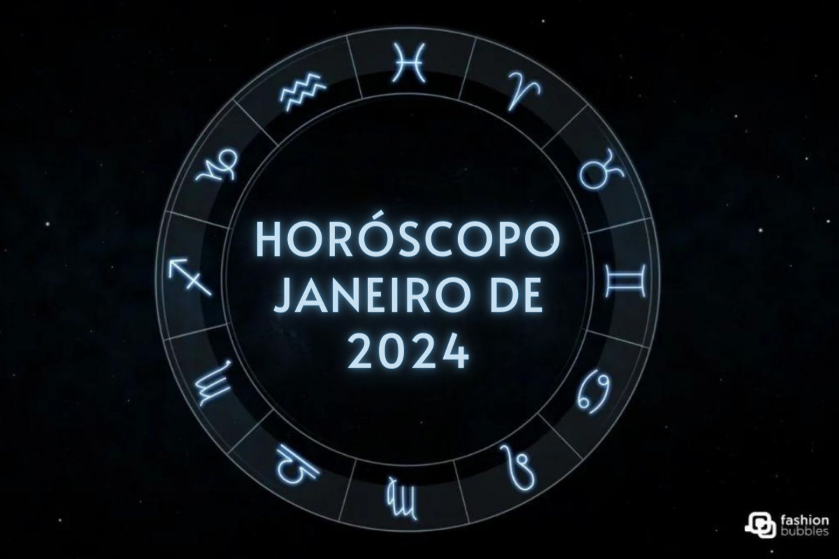 Ilustração de um horóscopo com o texto "Horoscopo janeiro de 2024" no meio