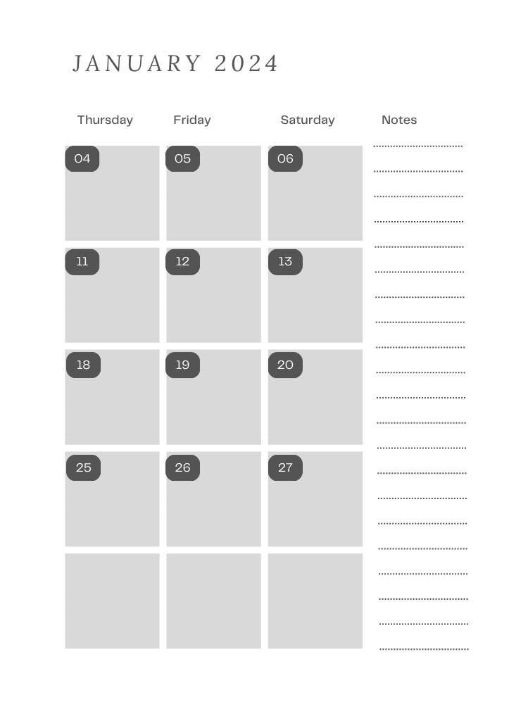 Planner em cinza do mês de janeiro, com dias e espaços para anotações. 