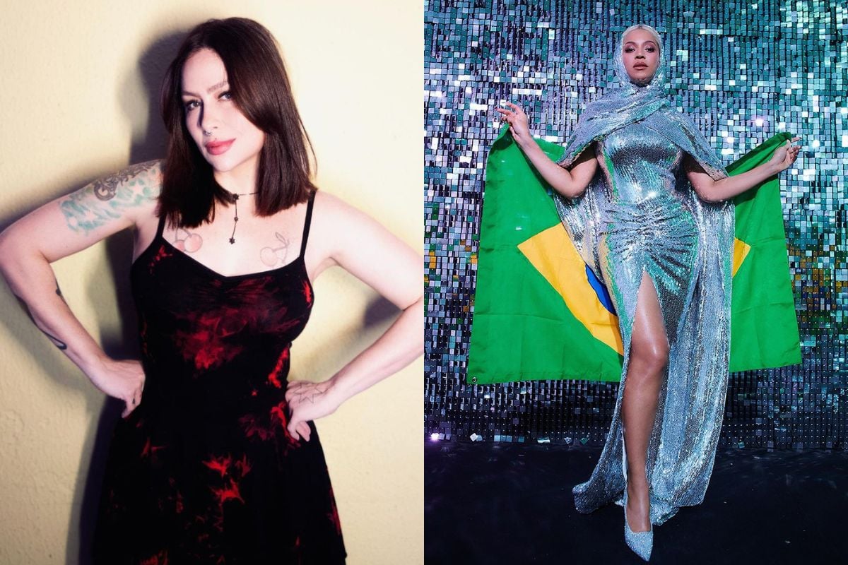 Montagem com duas fotos, a primeira de Pitty usando vestido vermelho e preto e a segunda de Beyoncé com vestido prata segurando a bandeira do Brasil
