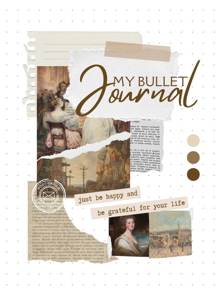 Bullet Journal com colagens de jornal, fotos e decorações em tons pastéis. 