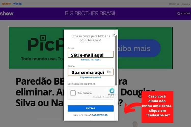 Tela do site Globo para criar conta de usuário