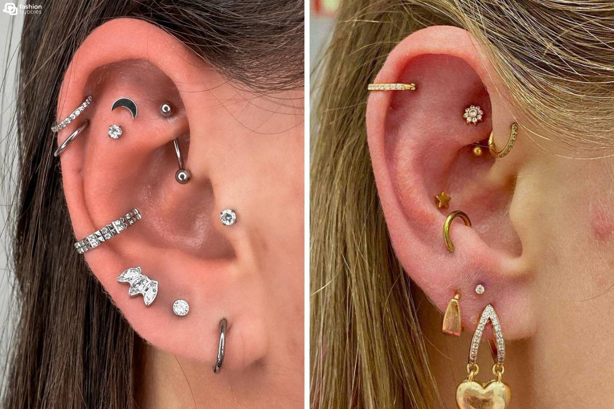 Montagem de foto de duas orelhas com muitos piercings, uma em prata e a outra em dourado.