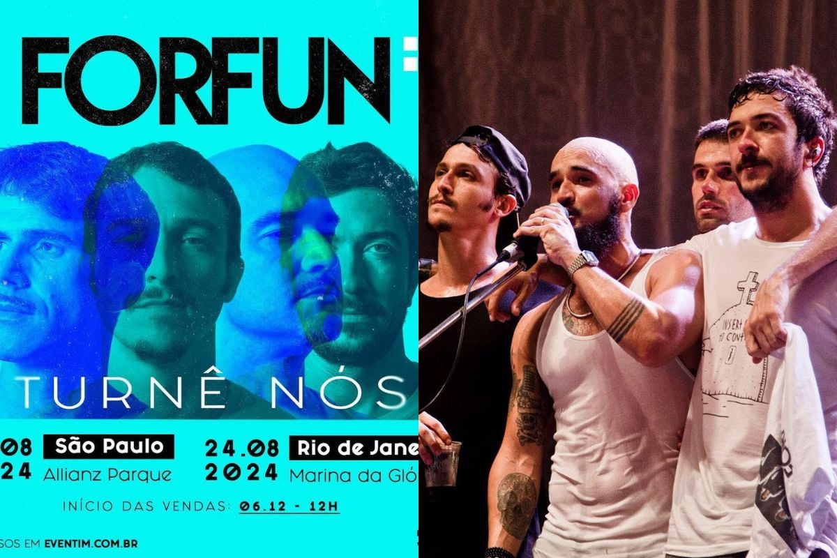 Montagem de fotos com a primeira delas sendo o flyer dos próximos shows da banda Forfun, e a segunda mostrando os integrantes do grupo