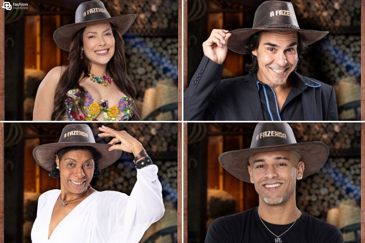 Montagem com os finalistas de A Fazenda vestindo o chapéu do reality: And´re Gonçalves, Jaquelline Grohalski, Márcia Fu e WL Guimarães.