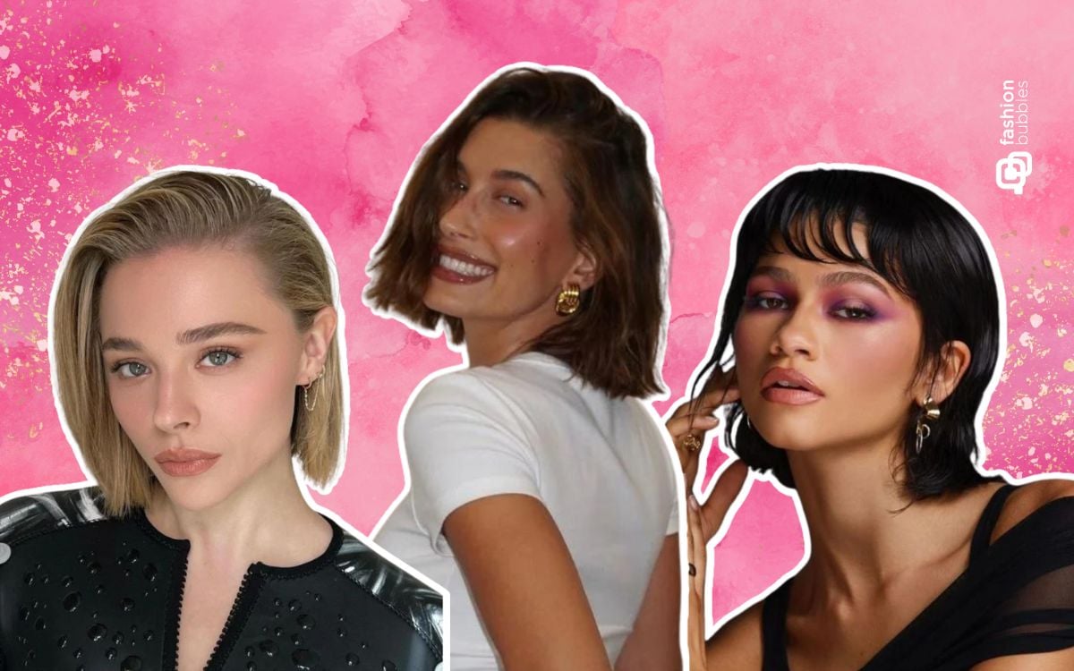 Montagem de fotos de famosas com cabelo italian bob, incluindo Chloë Grace Moretz, Hailey Bieber e Zendaya