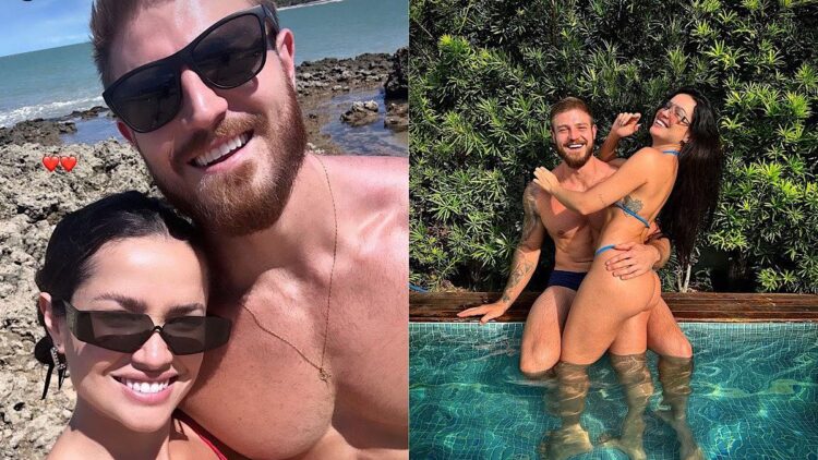 Juliette Freire e Kaique Cerveny surgem juntos em piscina.