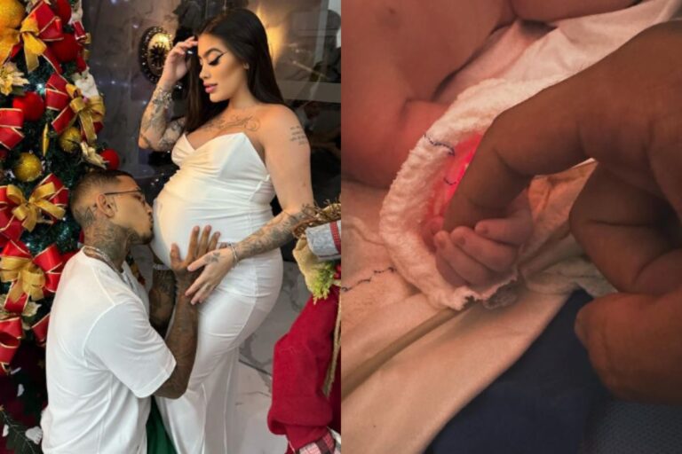 Montagem com duas fotos, a primeira mostrando Dynho Alves beijando a barriga de MC Mirella, e a segunda mostrando a mão da pequena Serena