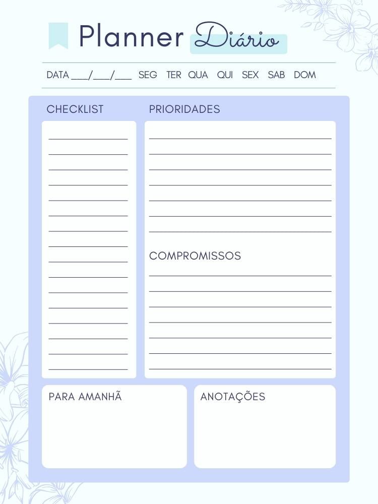 Planner diário na cor azul, com categorias como checklist, preioridades e compromissos.