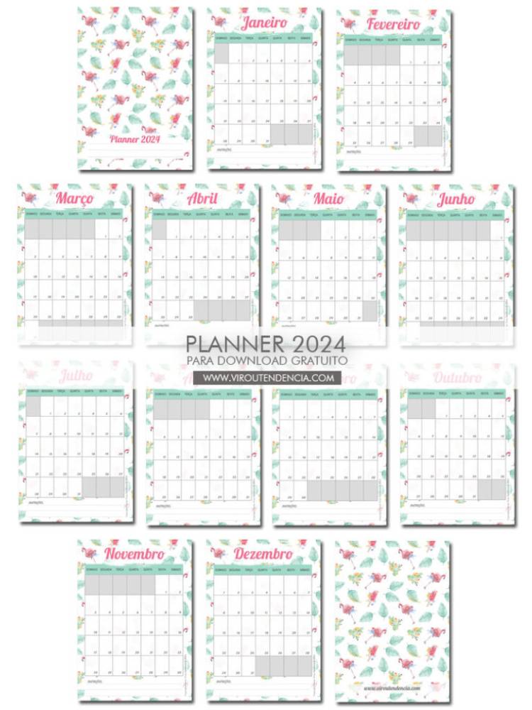 Páginas mensais de planner com tema de flamingos. 